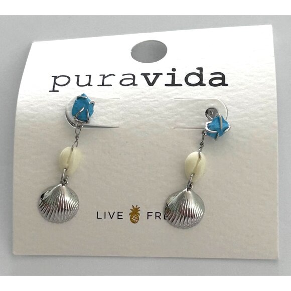 Pura Vida Cancun Dangle Earrings Turquoise Shell Design Sterling Silver Posts - Picture 1 of 3